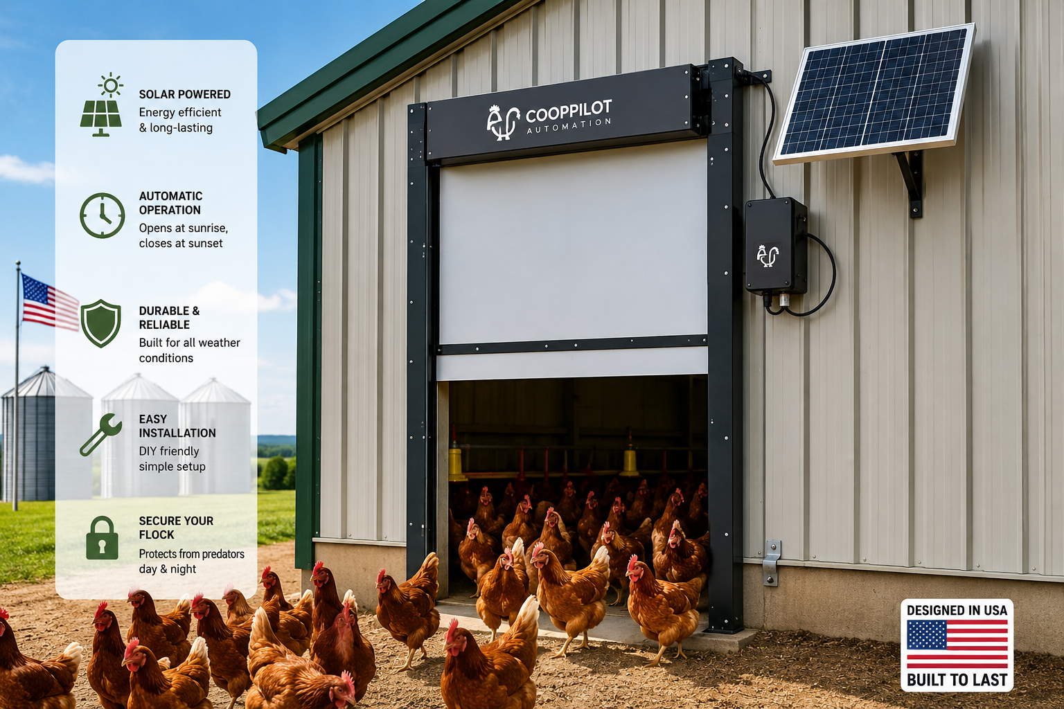 Large automatic chicken coop door installation with solar panel on commercial farm USA
