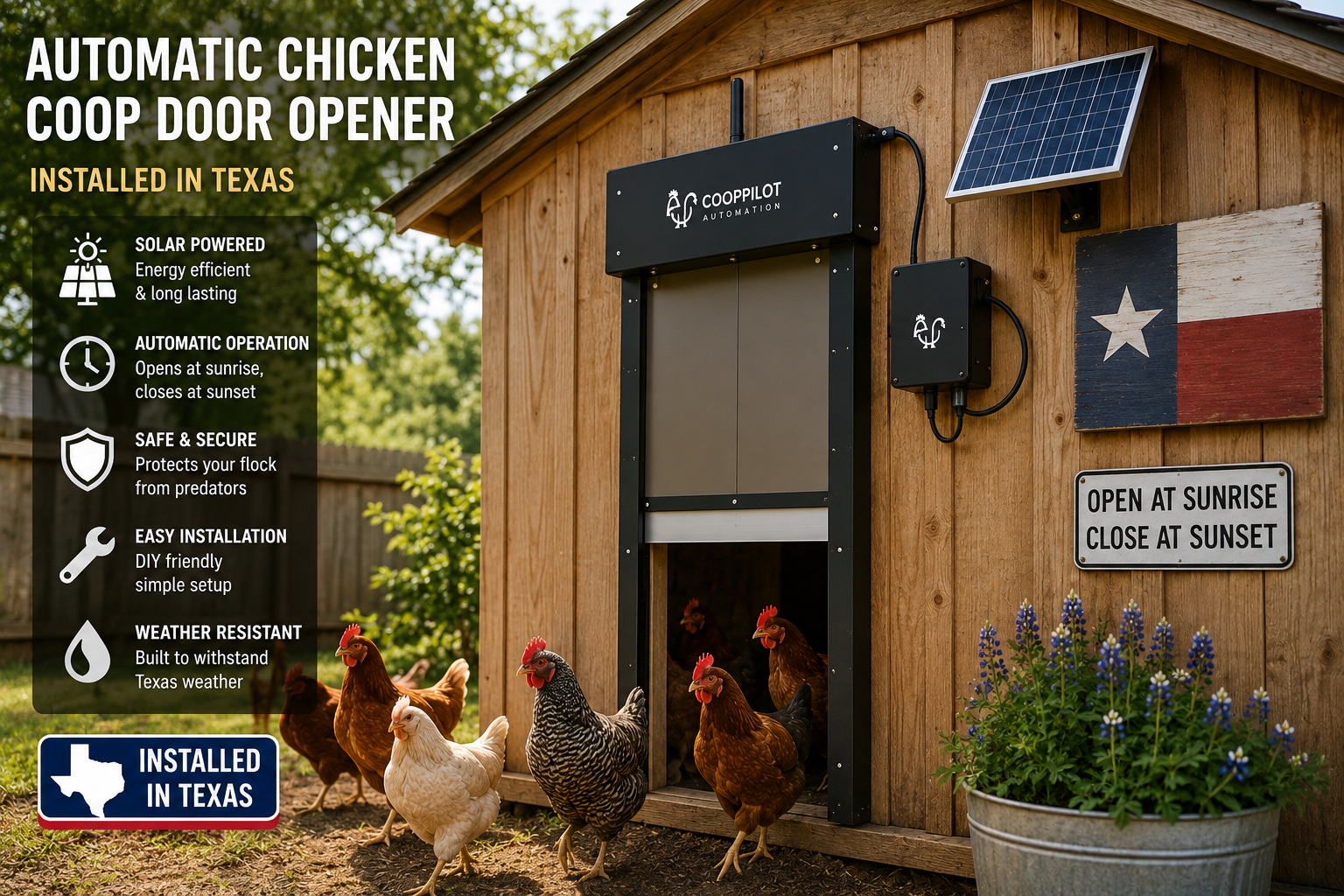 Backyard chicken coop automatic door opener installed on wooden coop Texas