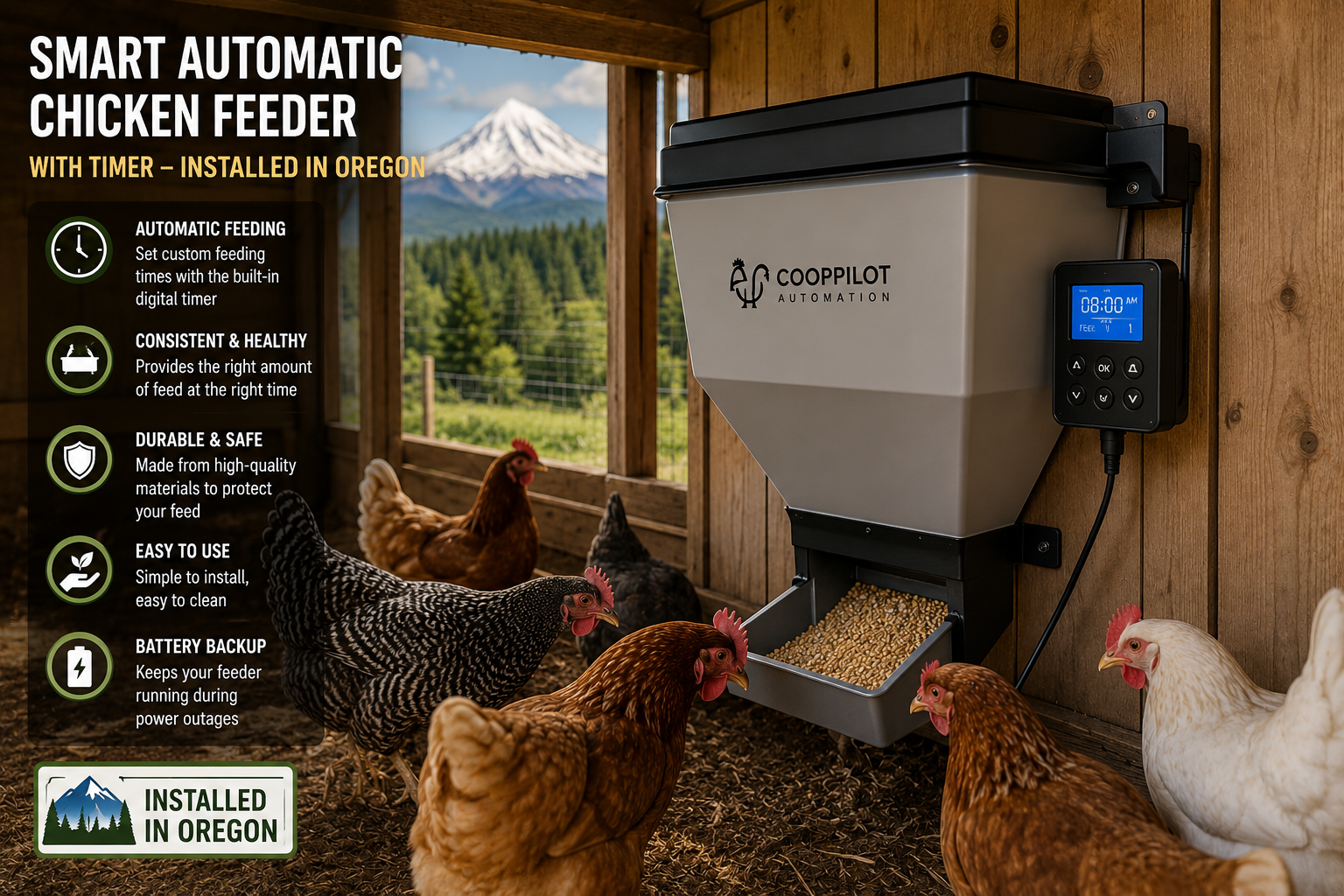 Smart automatic chicken feeder with timer installed inside coop Oregon